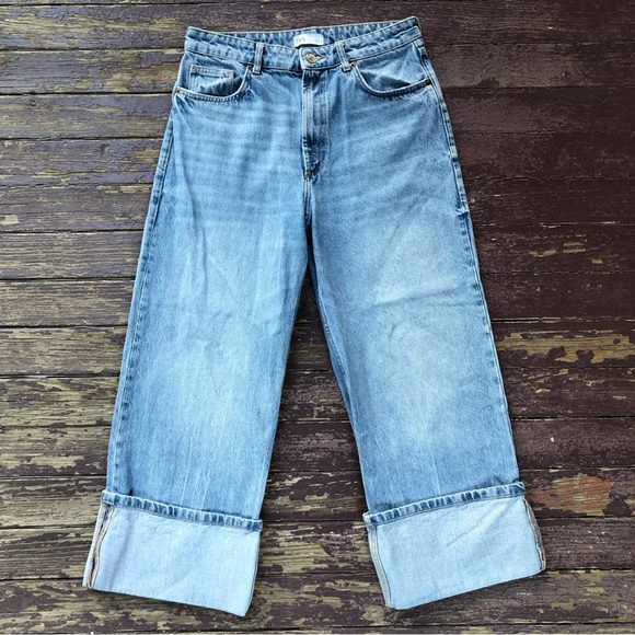 Zara Mid Rise Loose Jeans Folded Cuffs Wide Leg 10 - Picture 2 of 13